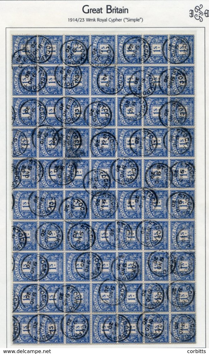 1914 1s Deep Bright Blue VFU Block Of Seventy (10 X 7) Each With A Stockport C.d.s. Dated '9.NOV.20' SG.D8a. Scarce Mult - Other & Unclassified