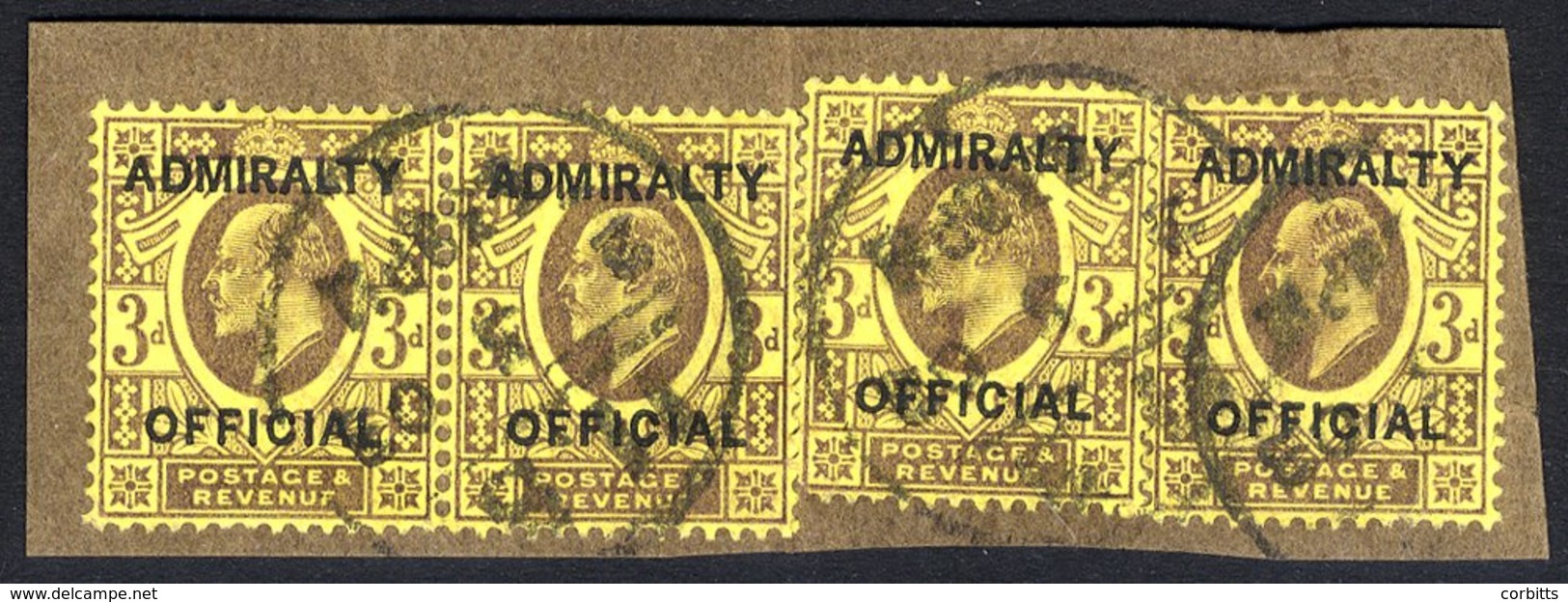 ADMIRALTY OFFICIAL 1903 3d Dull Purple/orange Yellow Pair & Two Singles Together On A Piece Tied By Three Circular Cance - Other & Unclassified