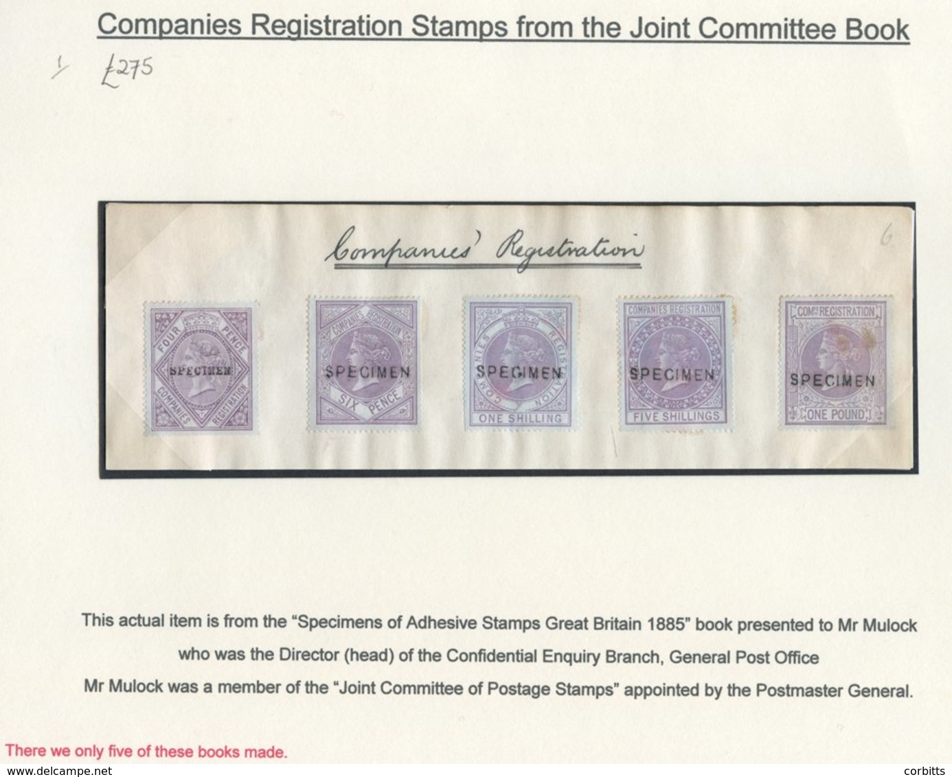 COMPANIES REGISTRATION 1885  4d To £1 (5) In Lilac On Part Page From The Committee Book, Each Optd SPECIMEN. Note - Ther - Other & Unclassified