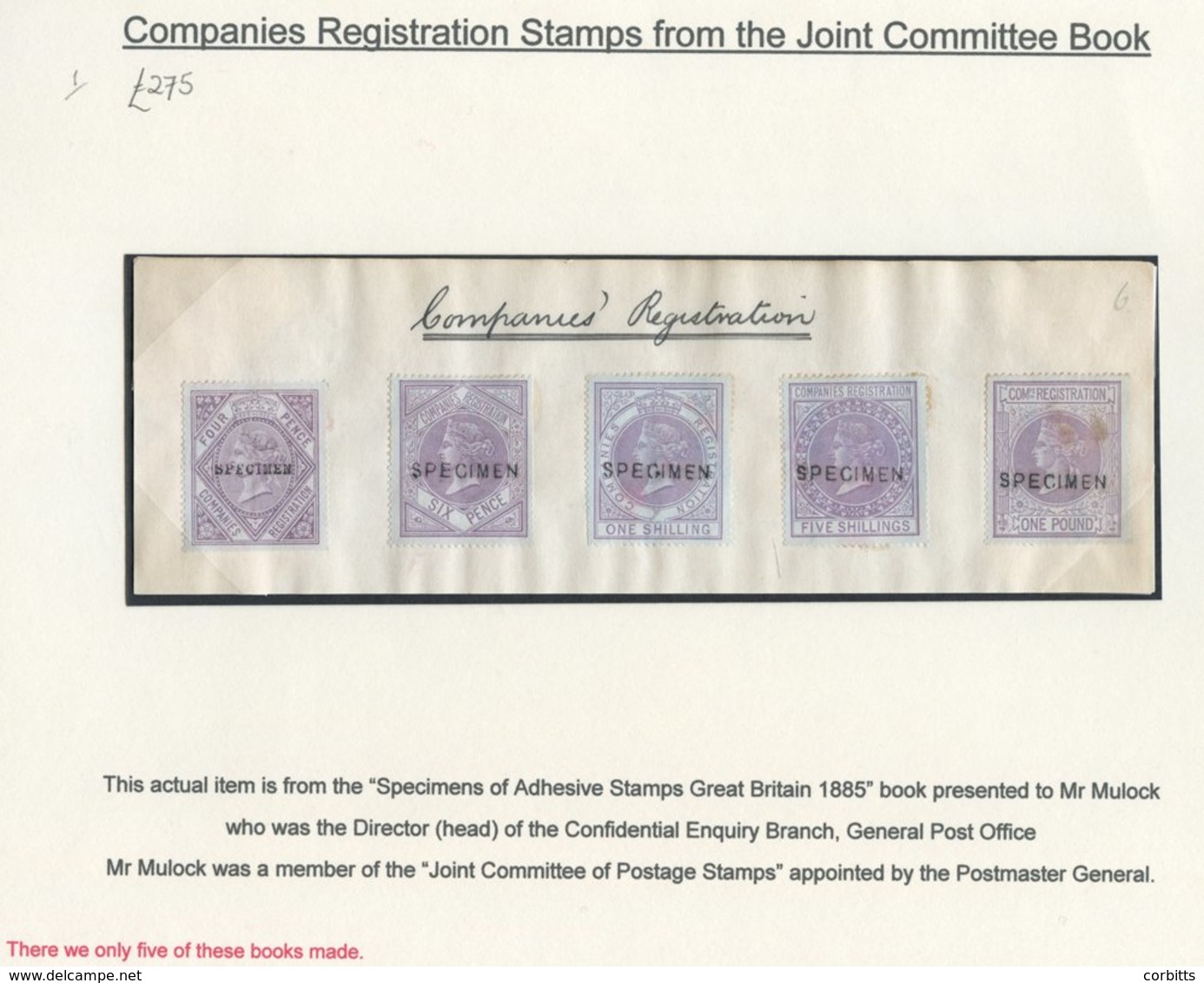 COMPANIES REGISTRATION 1885  4d To £1 (5) In Lilac On Part Page From The Committee Book, Each Optd SPECIMEN. Note - Ther - Altri & Non Classificati