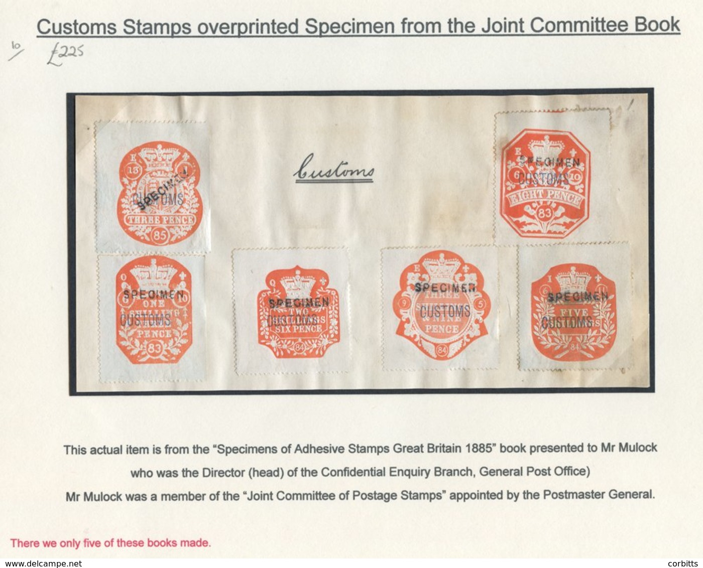 CUSTOMS 1885 3d To 5s Orange (6), All Optd SPECIMEN, On Part Page From The Committee Book. Note - There Were Only Five O - Altri & Non Classificati