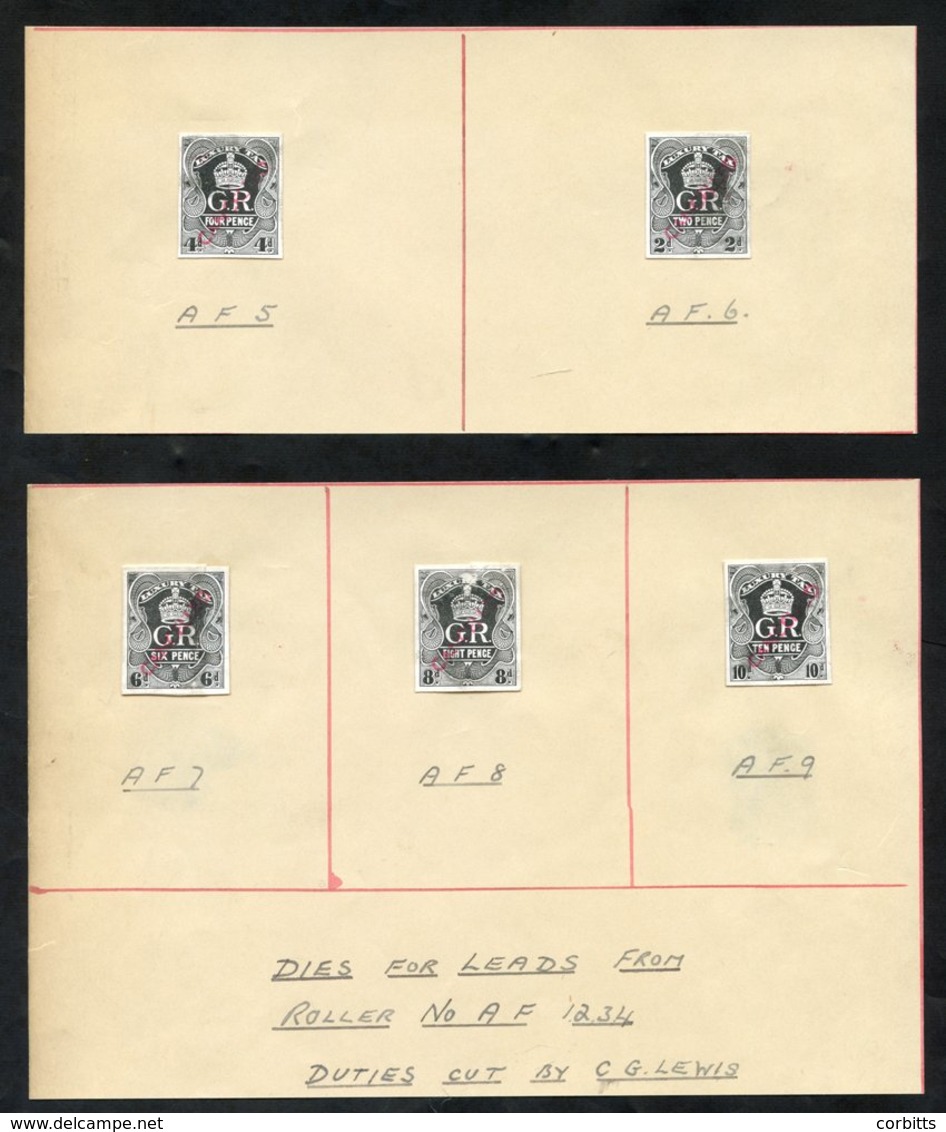 1918 LUXURY TAX (proposed) Die Proofs (6) 'Crown Over GR' 1d, 4d (2), 6d, 8d & 10d In Black On White Card, Each Optd 'CA - Other & Unclassified