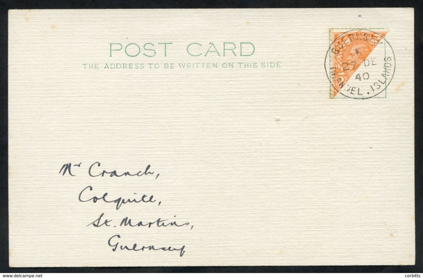 GUERNSEY 1924 2d KGV Defin Bisect, Tied To Postcard With Neat 27.12.40 C.d.s. (1) - Autres & Non Classés