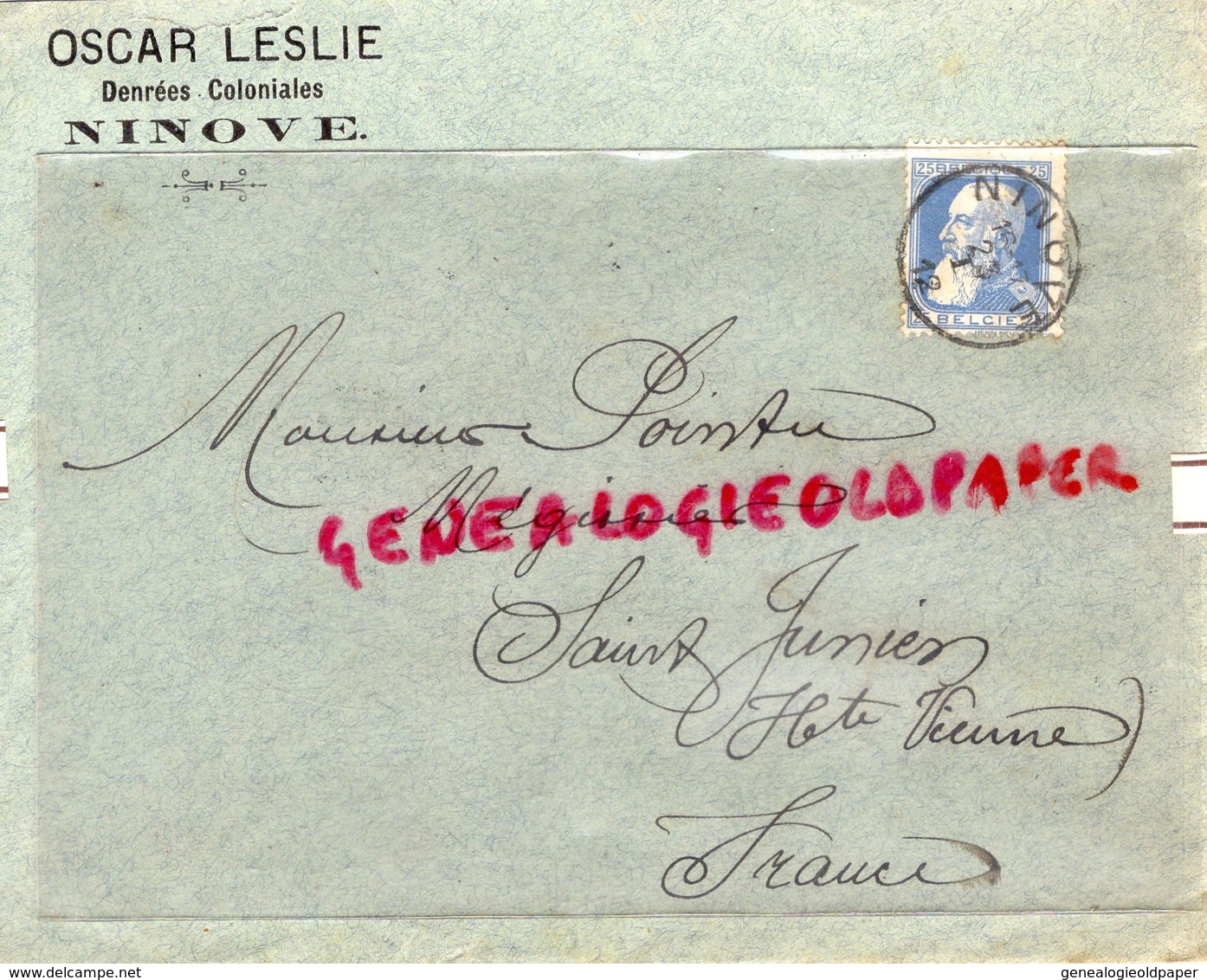 BELGIQUE- NINOVE- ENVELOPPE OSCAR LESLIE-DENREES COLONIALES- A PIERRE POINTU MEGISSIER SAINT JUNIEN-1912 MEGISSERIE - Petits Métiers