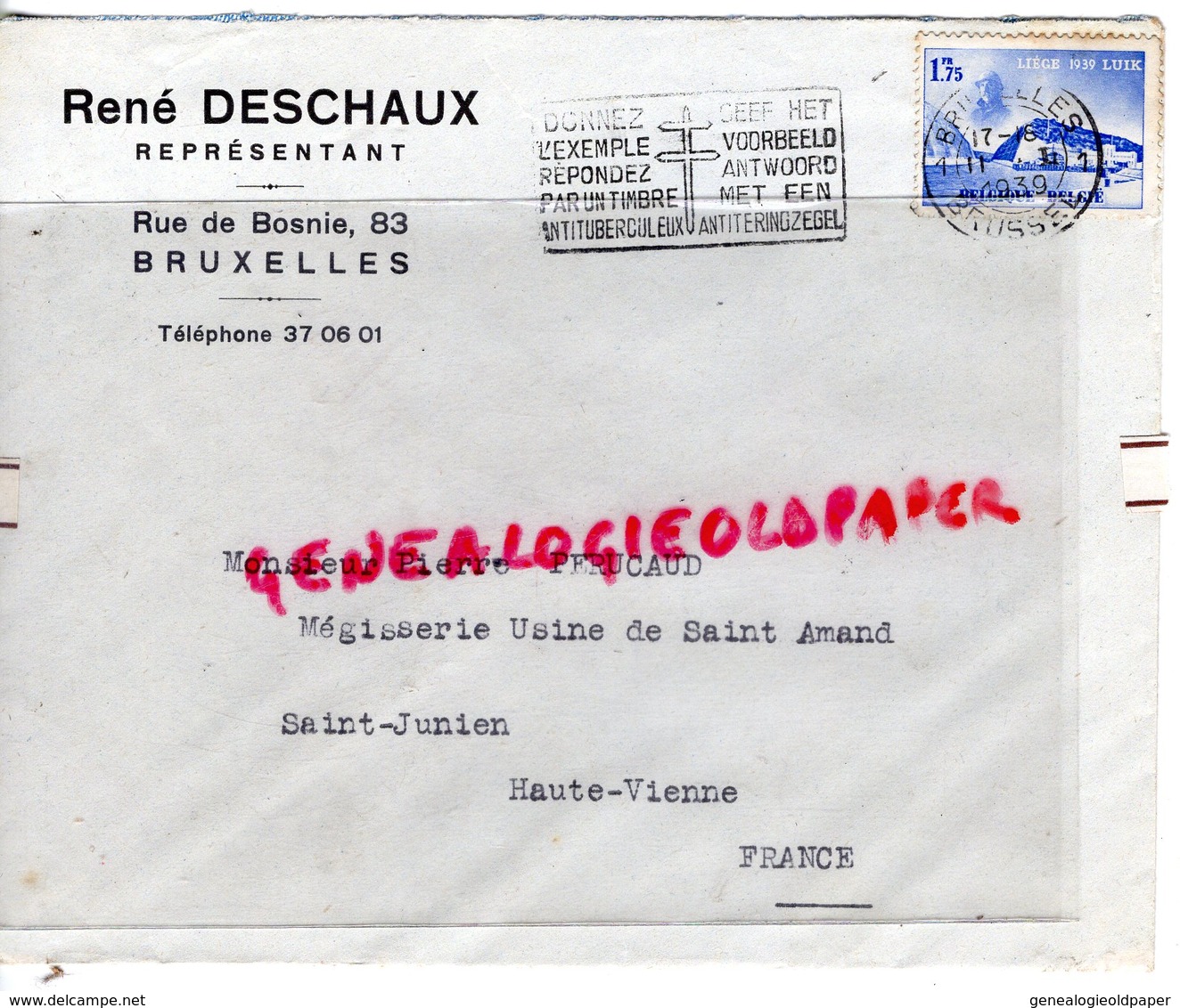 BELGIQUE-BRUXELLES- ENVELOPPE RENE DESCHAUX-REPRESENTANT 83 RUE DE BOSNIE-PIERRE PERUCAUD MEGISSERIE SAINT JUNIEN-1939 - Old Professions