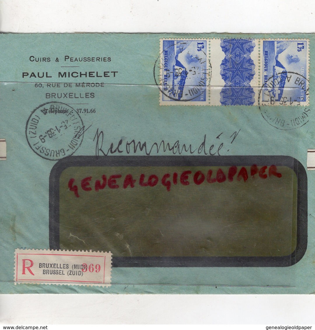 BELGIQUE-BRUXELLES- ENVELOPPE PAUL MICHELET-CUIRS PEAUSSERIES MEGISSERIE-60 RUE DE MERODE-1939-SAINT JUNIEN - Petits Métiers