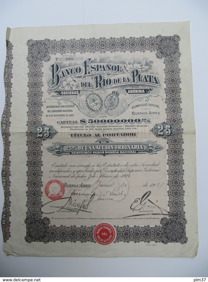 1 Action - Banco Espanol Del Rio De La Plata - BUENOS AIRES, 1924 - Bank En Verzekering