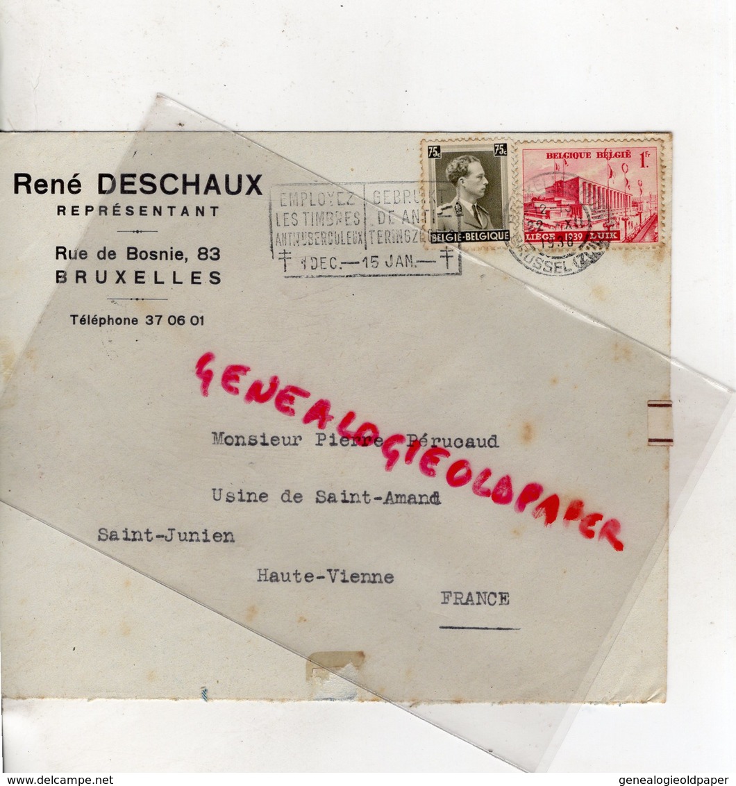 BELGIQUE-BRUXELLES- ENVELOPPE RENE DESCHAUX- 83 RUE DE BOSNIE- 1939- A PIERRE PERUCAUD-USINE SAINT AMAND-SAINT JUNIEN - Petits Métiers