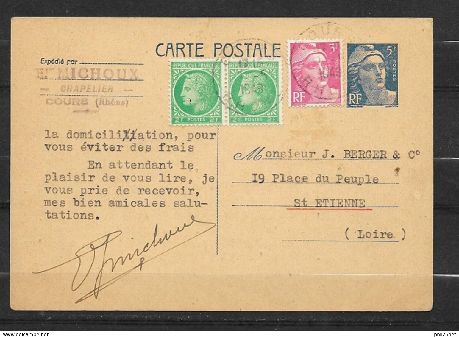 Entier Carte Postale N°719B -CP1 E. MICHOUX Cours Le 07/5/1949 Les N° 716 Et Paire Du 680 En Complément    écrite B/TB - Cartes Postales Types Et TSC (avant 1995)