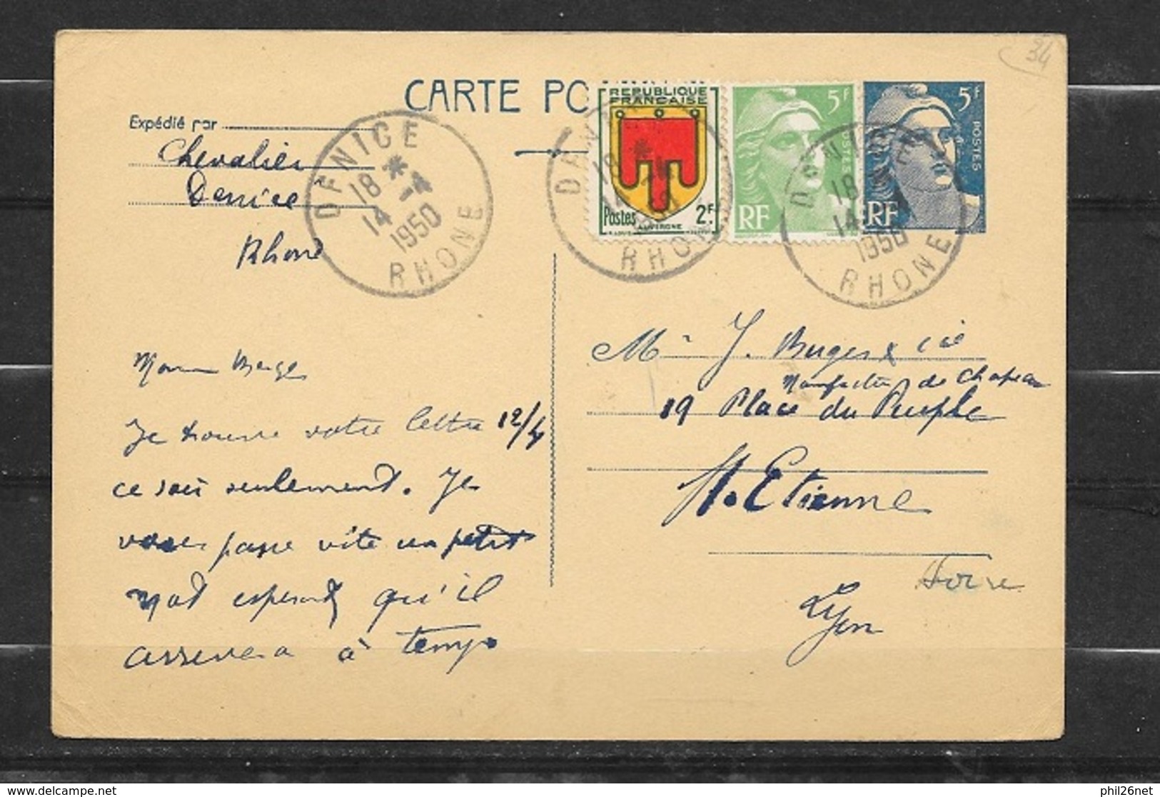 Entier Carte Postale N°719B -CP1 Nice Le 14/04/1950 Les N° 809 Et 837  En Complément    écrite B/TB - Standard Postcards & Stamped On Demand (before 1995)