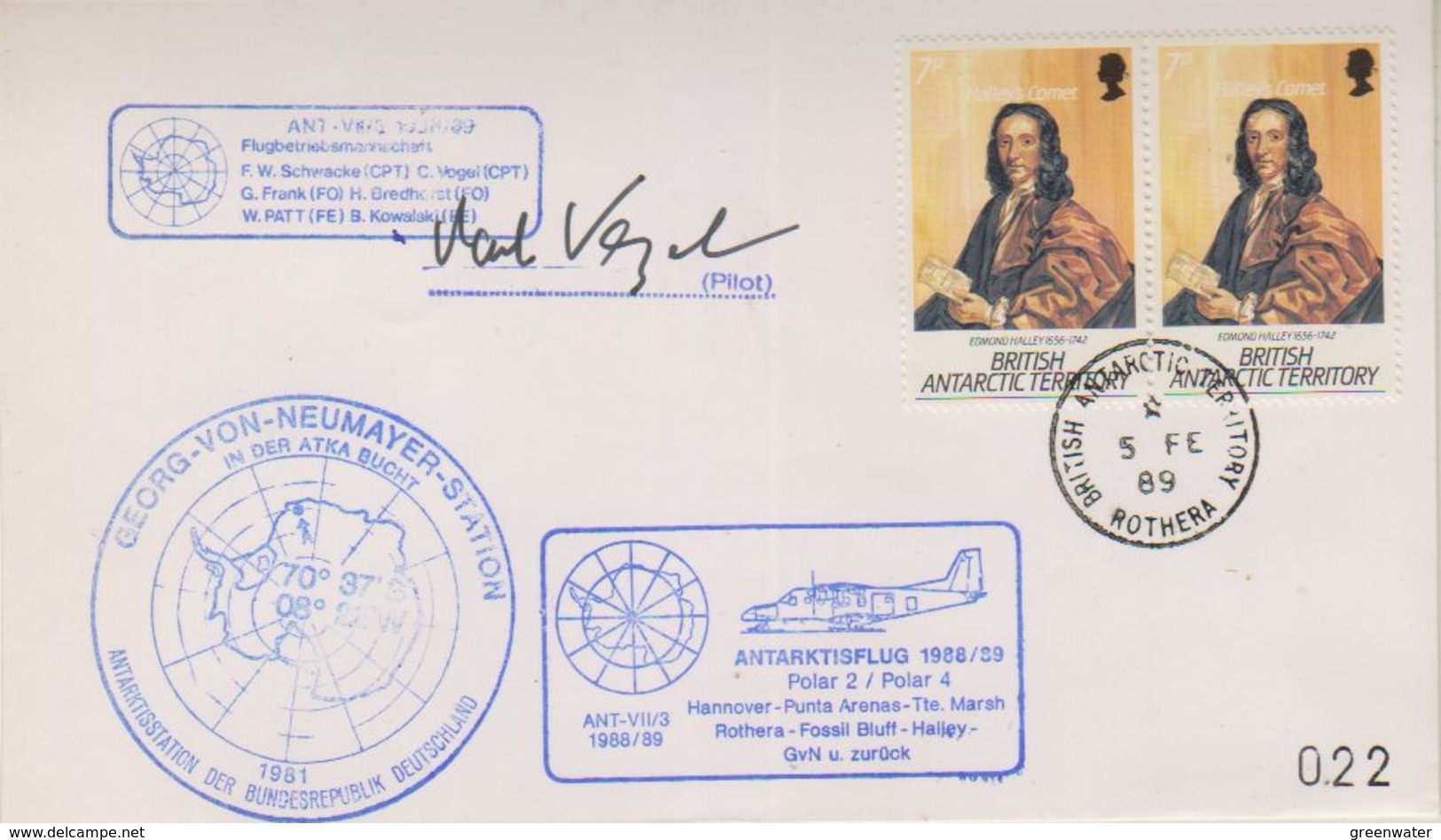 British Antarctic Territory 1989 Antarktisflug, Ca Rothera 5 Fe 89 Signature  (38439) - Brieven En Documenten