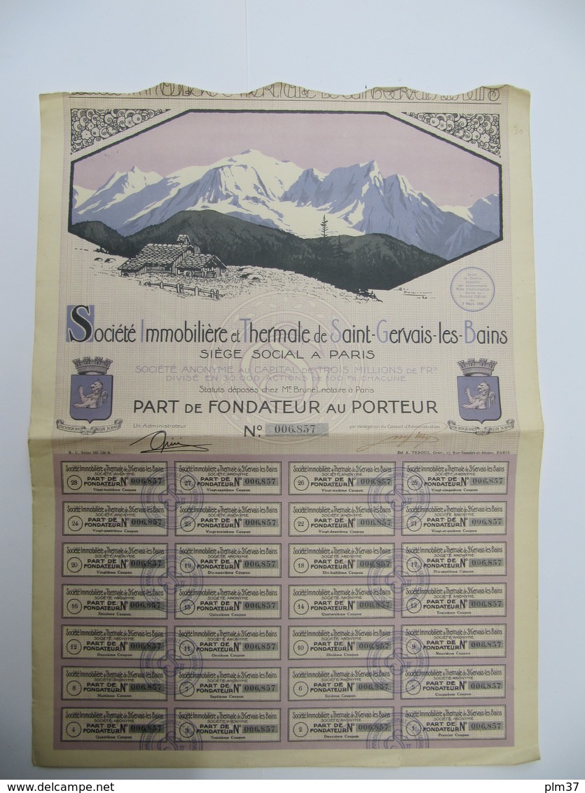 1  Action - Société Immobiliaire Et Thermale De Saint Gervais Les Bains - PARIS, 1926 - Tourisme