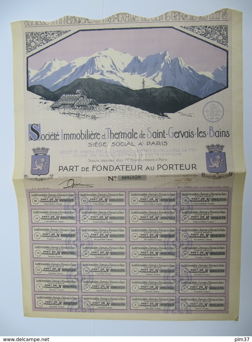 1  Action - Société Immobiliaire Et Thermale De Saint Gervais Les Bains - PARIS, 1926 - Toerisme