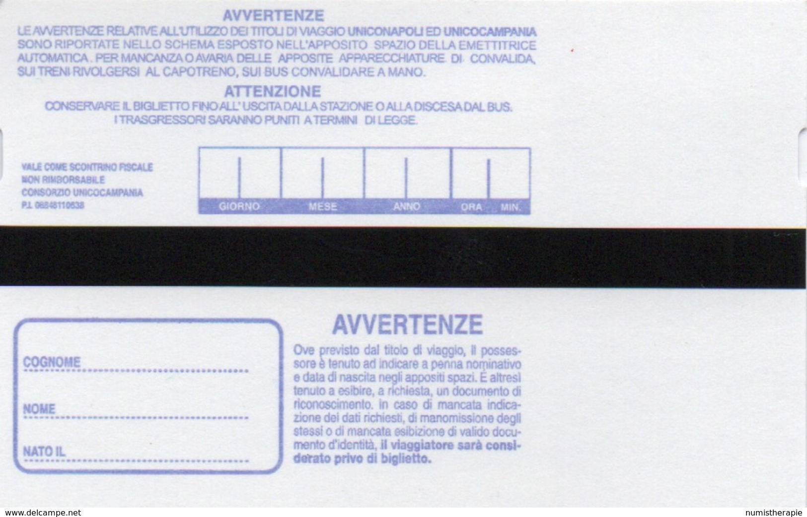 Ticket Métro : UNICO NAPOLI CAMPANIA : Naples Italie : Euro 1,10 - Europe