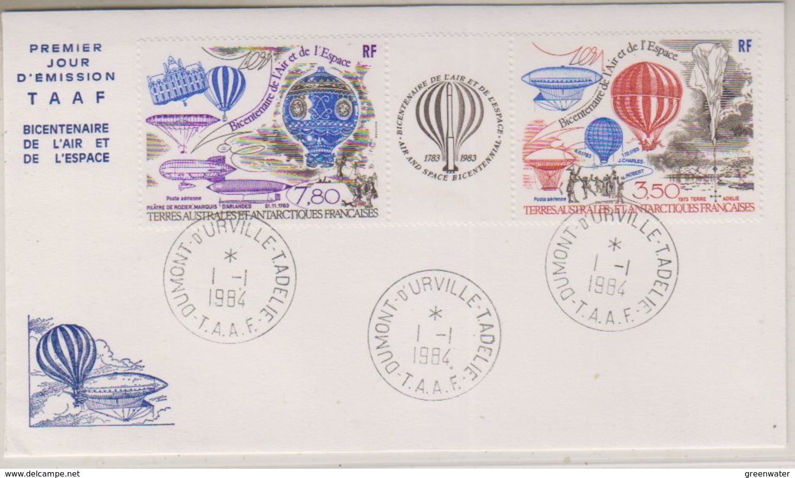 TAAF 1984 Bicentenaire De L'Air Et De L'Espace / Balloons 2v +label FDC Ca Dumont D'Urville Terre Adelie (38455) - FDC