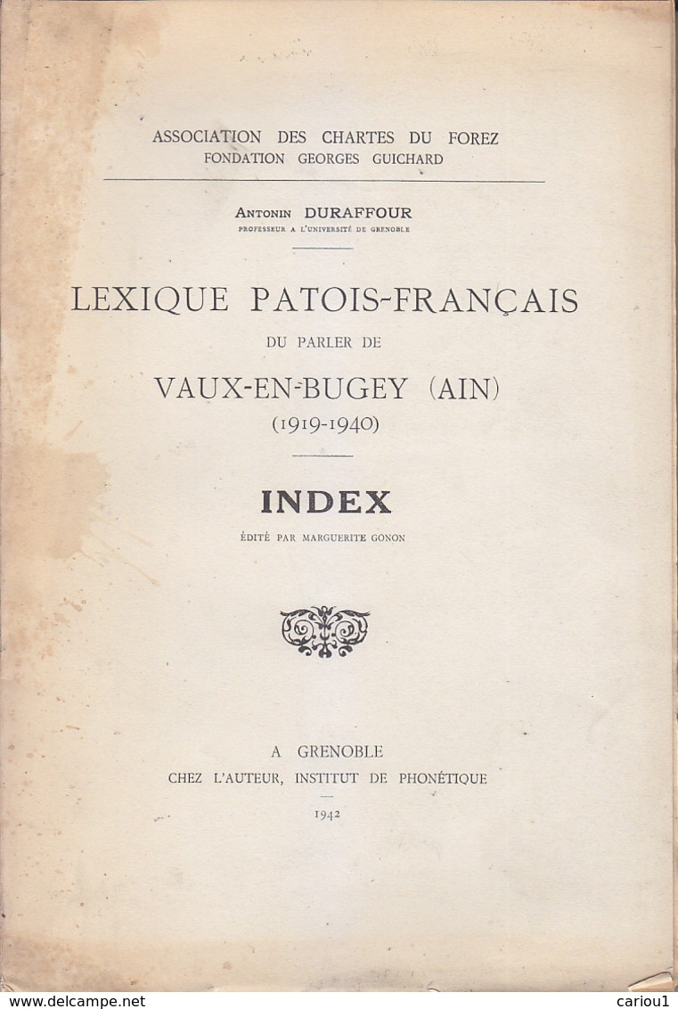 C1 Duraffour LEXIQUE PATOIS - FRANCAIS PARLER VAUX EN BUGEY Ain - INDEX - Rhône-Alpes