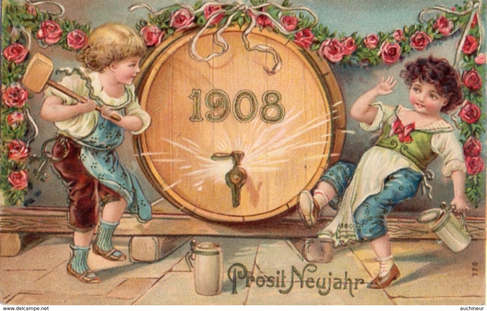 Année Date Millesime - 1908 - Prosit Neujahr Enfants Et Tonneau En Perce Gaufrée, Embossed - Nouvel An