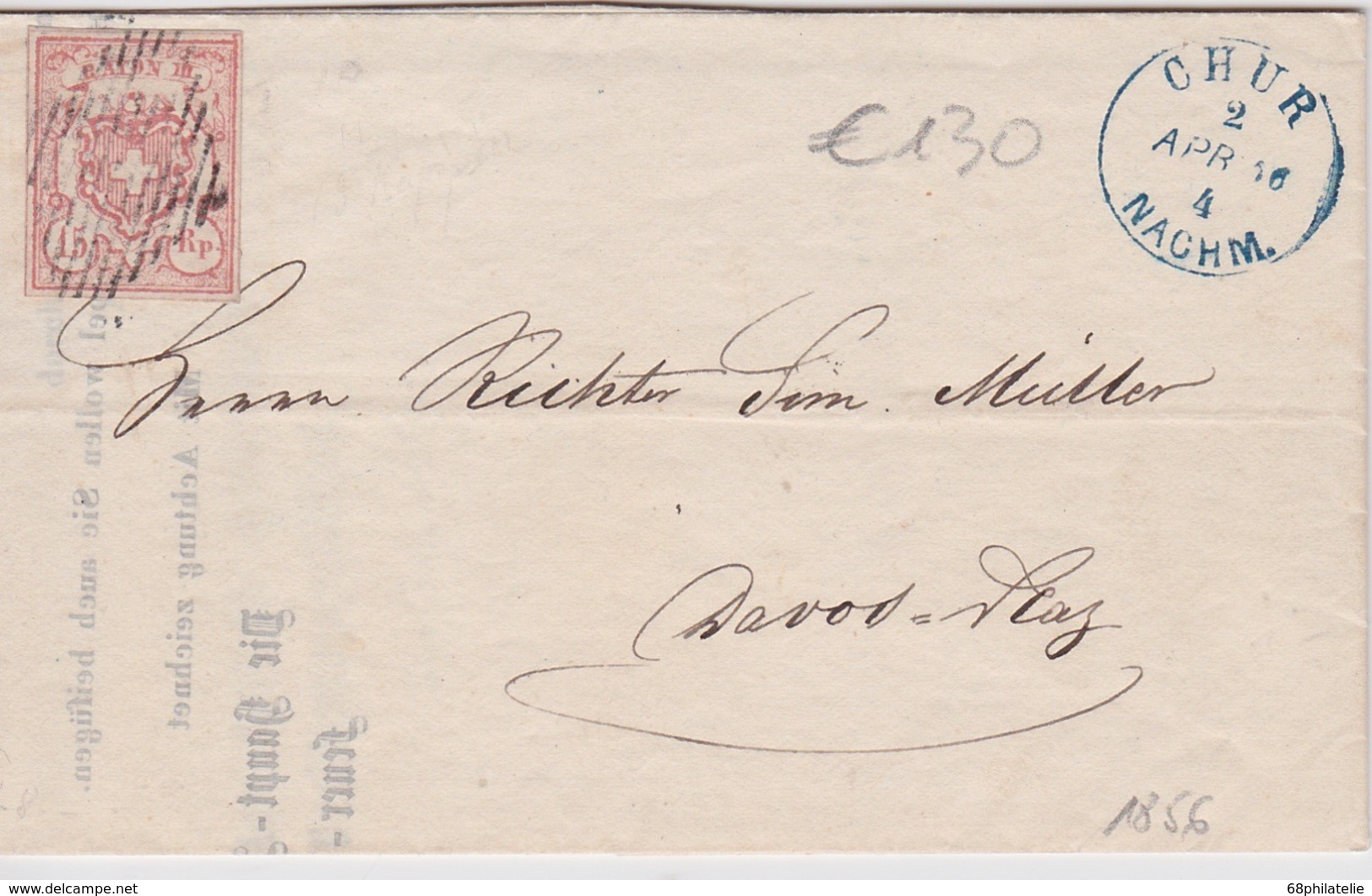 SUISSE 1856 LETTRE DE CHUR POUR DAVOS - 1843-1852 Federal & Cantonal Stamps