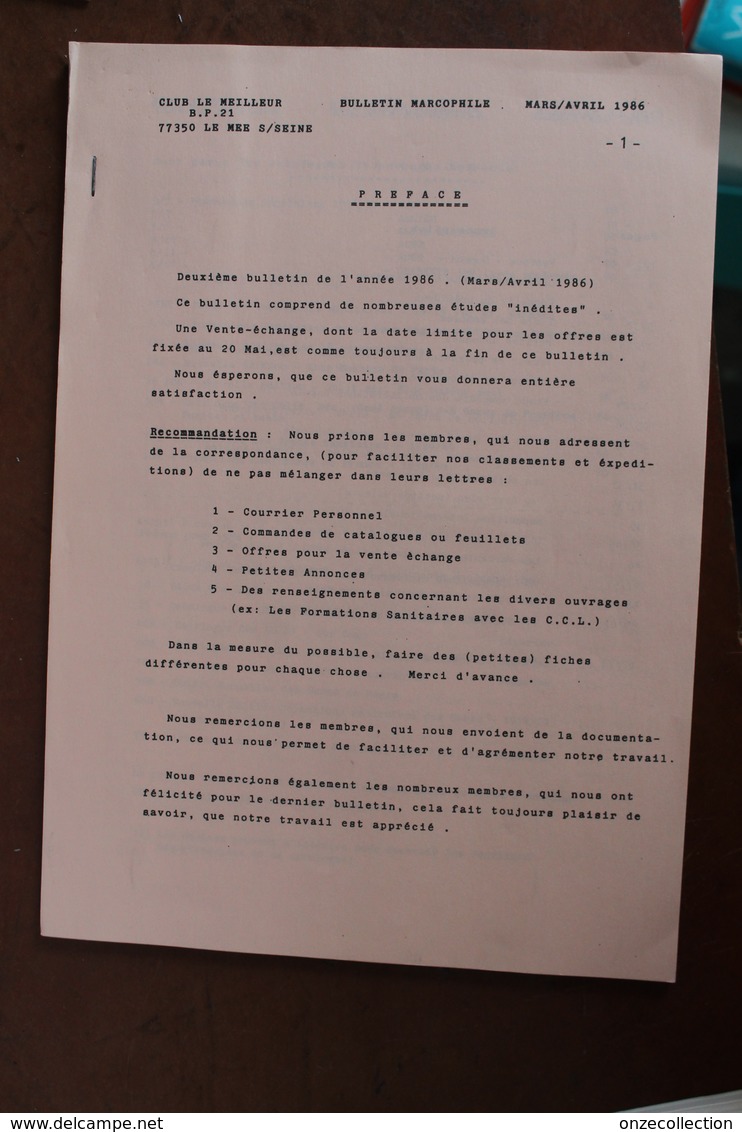 CLUB  LE  MEILLEUR   MARS  /   AVRIL    1986     BULLETIN   MARCOPHILE    74  PAGES            11  PHOTOS - Cancellations