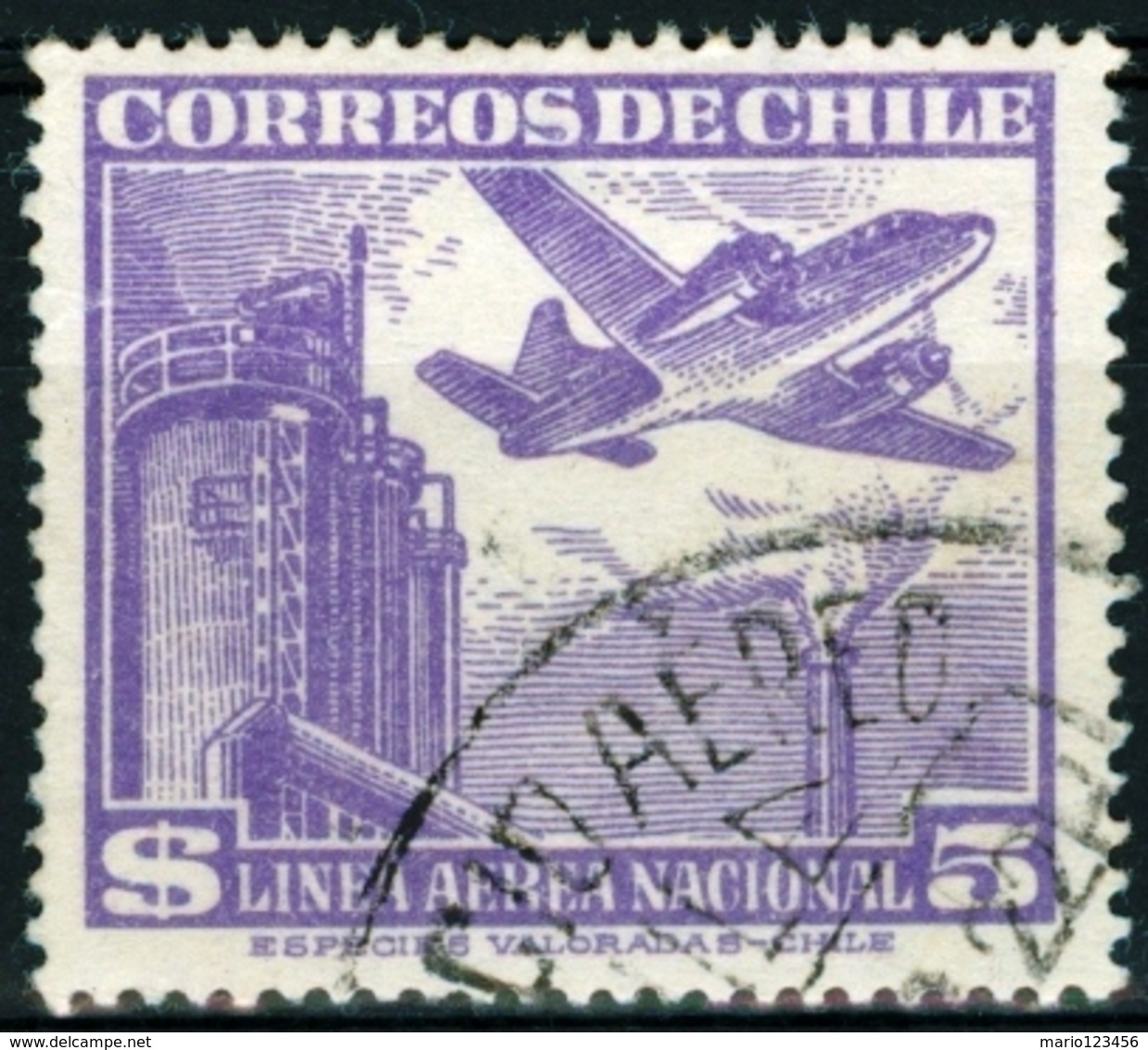 CILE, CHILE, POSTA AEREA, AIRMAIL, 1951, FRANCOBOLLI USATI Yvert Tellier PA147   Scott C162 - Cile