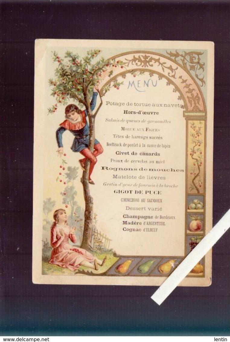 Menu Humoristique - Chromolitho Circa1900 - Gigot De Puce, Rognons De Mouches, Gratin D'yeux De Fourmis... - Menus