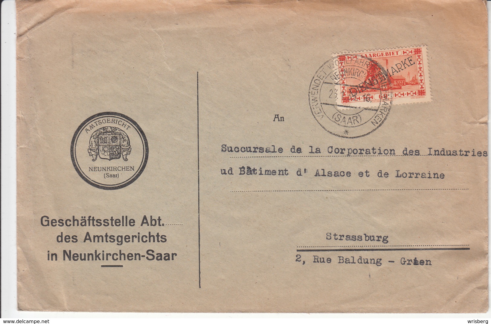 Env Affr Michel Dienstmarke Saarland 29 Obl NEUNKIRCHEN Du 23.1.33 Adressée à Strasbourg - Storia Postale