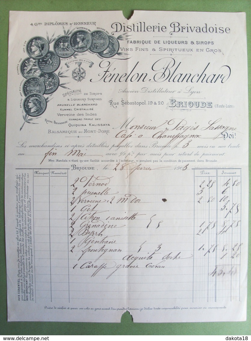 43 ,brioude....facture... Distillerie Brivardoise Fénélon Blanchard ... ...dim..27 Cm Par 21 Cm... - Brioude