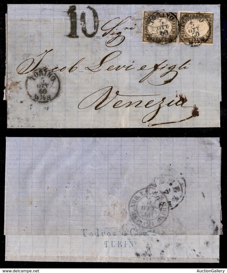 0139 ANTICHI STATI - SARDEGNA - 10 Cent Bruno Oliva Scuro (14Bd) - Due Pezzi Su Lettera Da Torino A Venezia Del 5.10.60  - Other & Unclassified