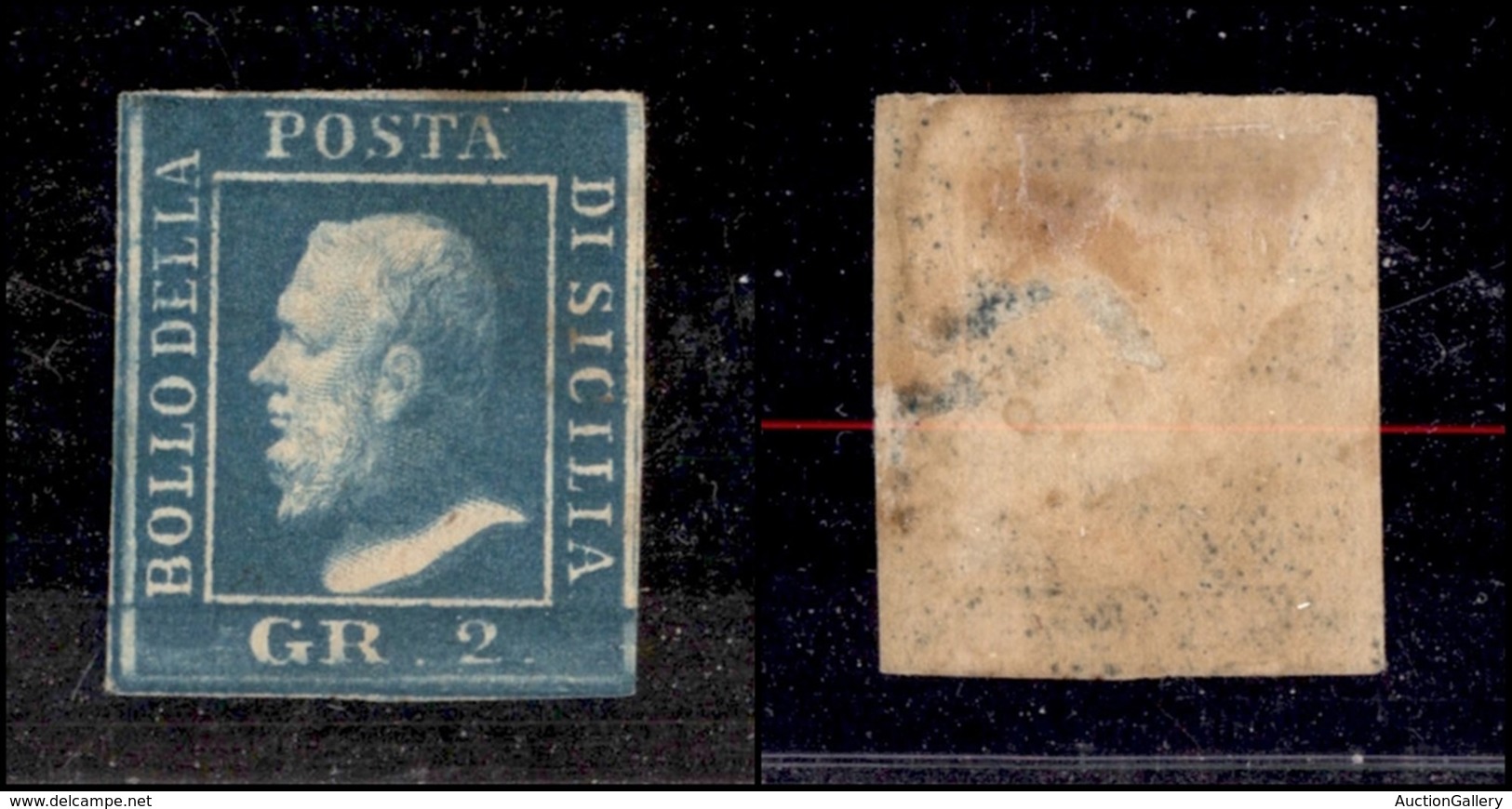 0163 ANTICHI STATI - SICILIA - 1859 - 2 Grana Azzurro Verdastro (8b) - Assottigliato Al Retro - Raro Colore - Cert. Rayb - Autres & Non Classés