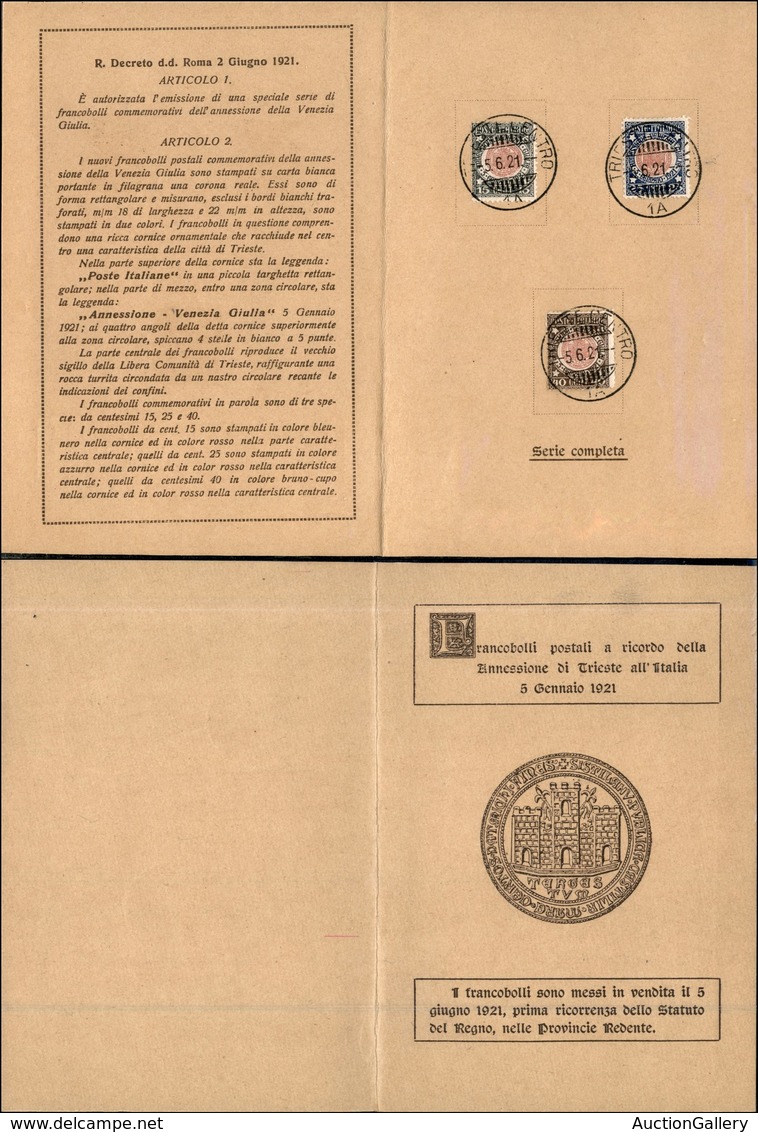 0231 REGNO - 1921 (5 Giugno) - Venezia Giulia (113/118) - Serie Completa Su Folder Ufficiale Dell’emissione FDC - Molto  - Autres & Non Classés