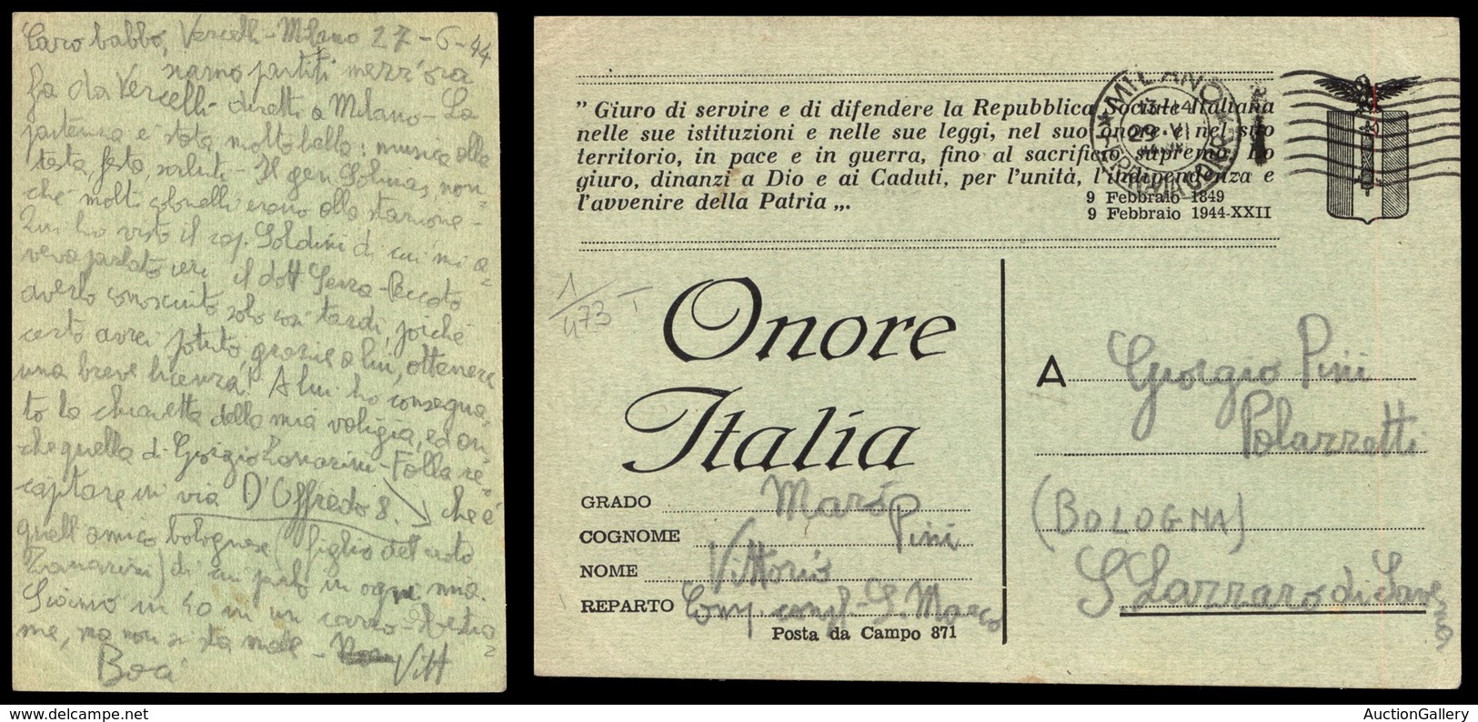 0415 COLONIE - CARTOLINE - Onore Italia (F81/1) - Franchigia Da Milano A S. Lazzaro Del 29.6.44 - Other & Unclassified