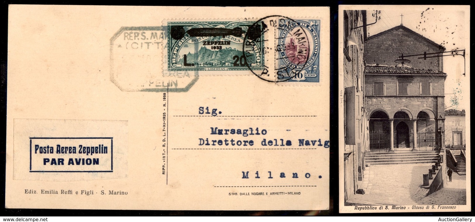 0473 SAN MARINO - Zeppelin - 20 Lire (16 - Aerea) + Complementare Su Cartolina Per Milano Del 26.5.33 (2.000) - Other & Unclassified