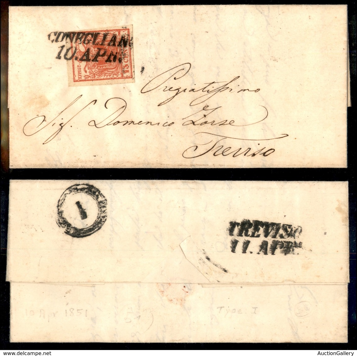 1007 ANTICHI STATI - LOMBARDO VENETO - 15 Cent (3e) Su Lettera Da Conegliano A Treviso Del 10.4.51 (180) - Other & Unclassified