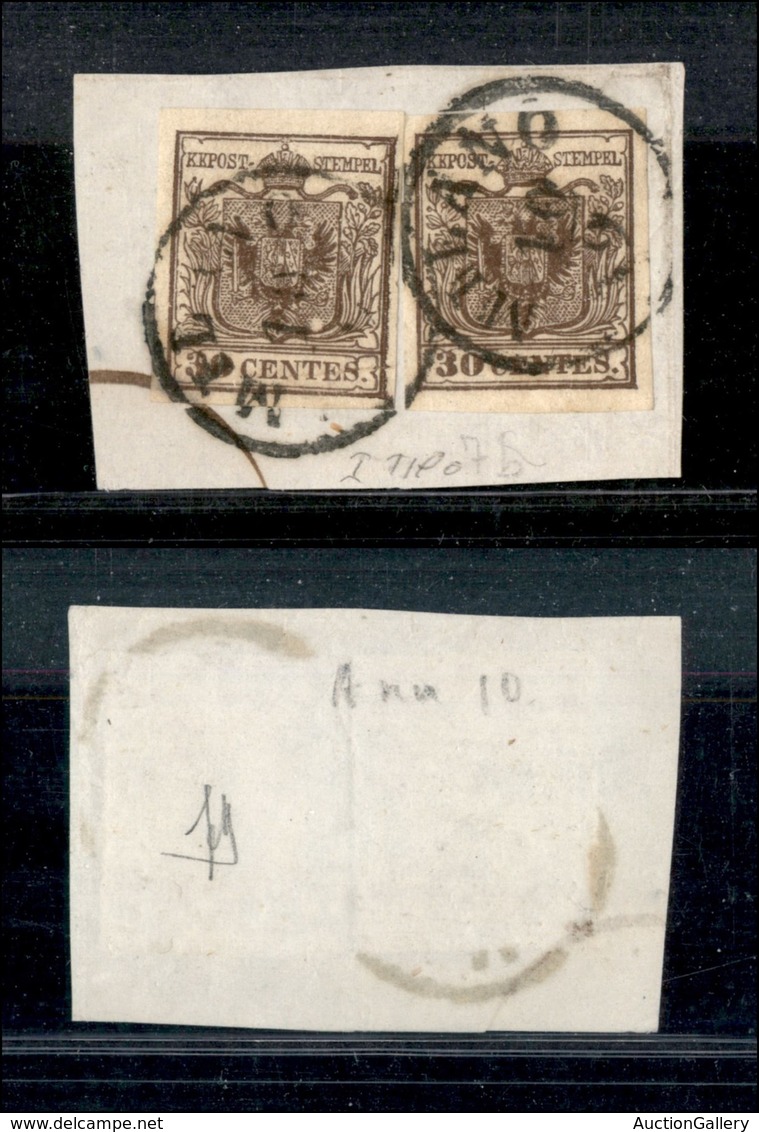 1015 ANTICHI STATI - LOMBARDO VENETO - 1850 - Due 30 Cent (7) Su Frammento - Bella Falla Di Stampa Sul Pezzo Di Sinistra - Other & Unclassified