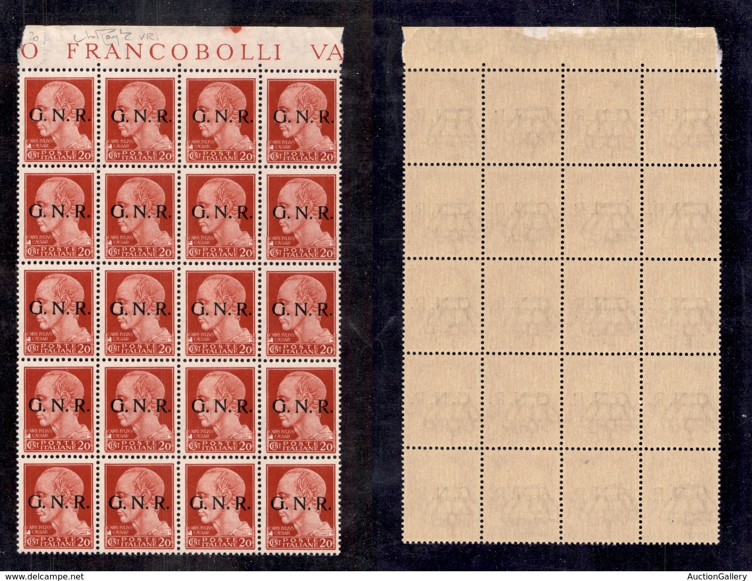 1522 REPUBBLICA SOCIALE - GNR VERONA - 1944 - GNR Verona - 20 Cent (473) - Blocco Di Venti Bordo Di Foglio - Gomma Integ - Other & Unclassified