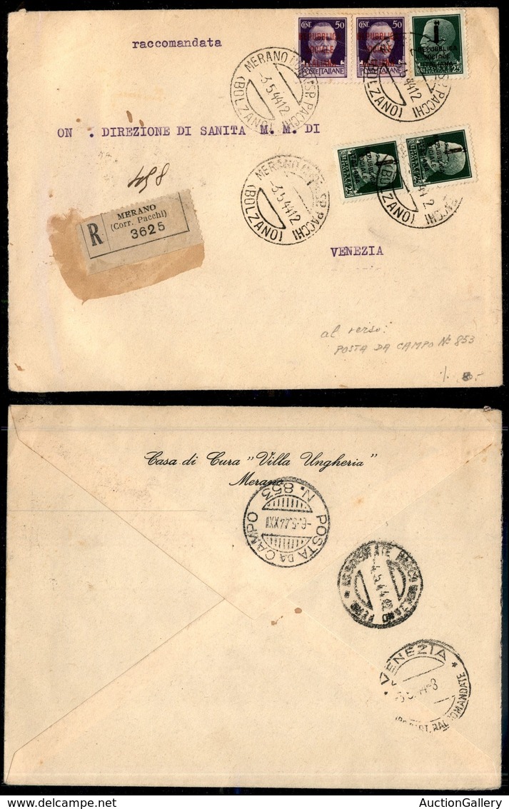 1568 REPUBBLICA SOCIALE - FASCETTI - Tre 25 Cent (491) + Due 50 Cent (493) Su Raccomandata Da Merano A Venezia Del 3.5.4 - Other & Unclassified