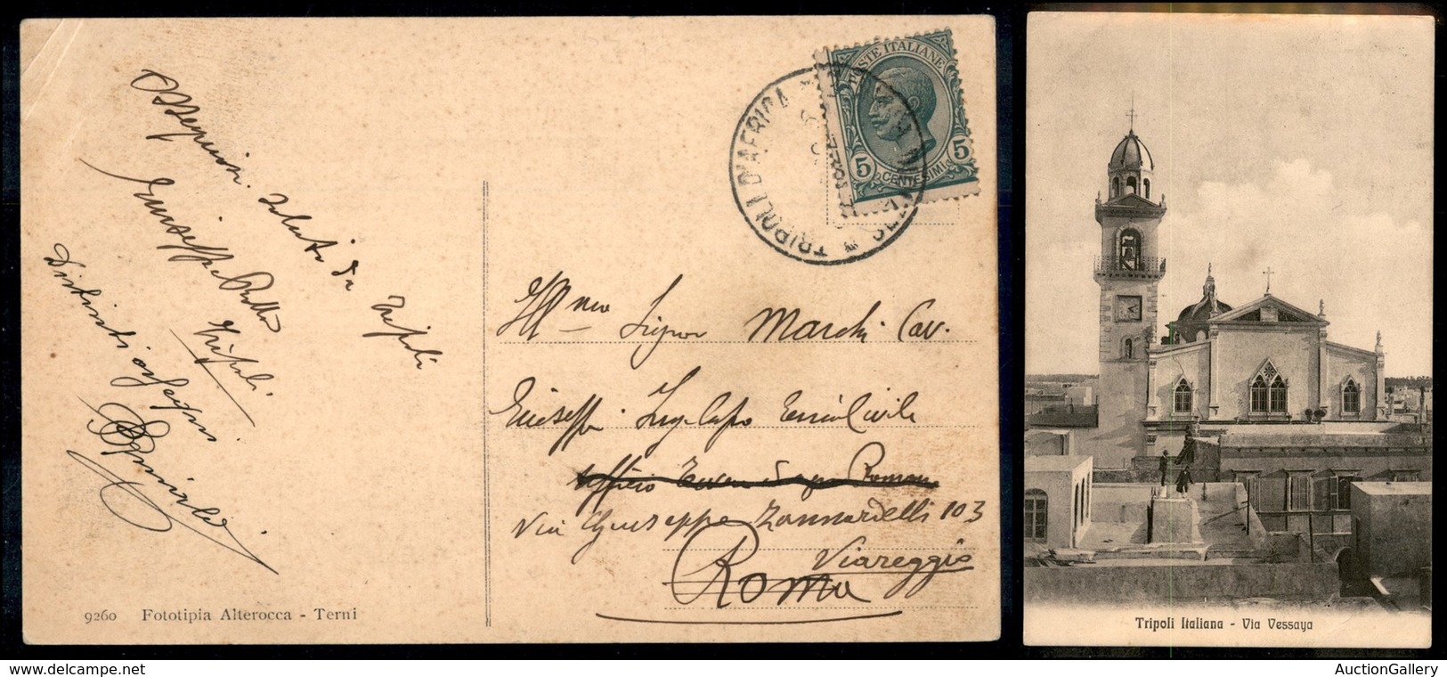 1869 COLONIE - LIBIA - STORIA POSTALE - Tripoli/Via Vessaya - Cartolina Per Roma Del 22.10.25 Col 5 Cent Leoni (81 Regno - Other & Unclassified