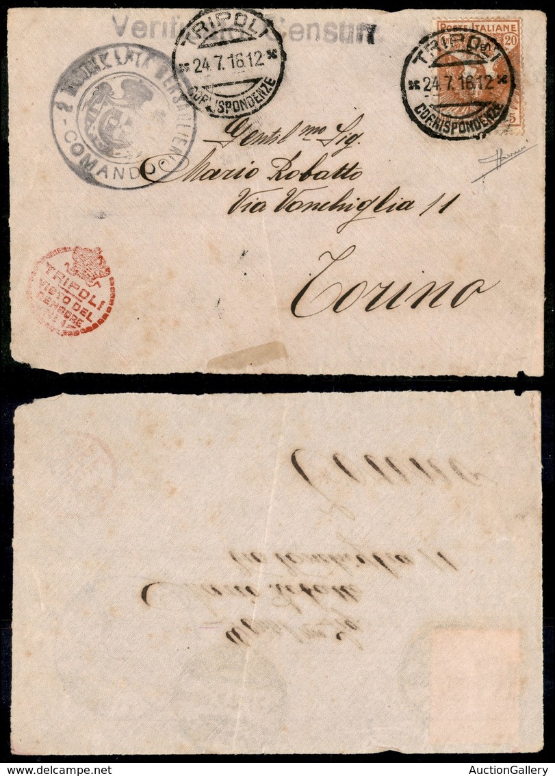 1874 COLONIE - LIBIA - STORIA POSTALE - 20 Cent Croce Rossa (16) - Frontespizio Di Busta Da Tripoli A Torino Del 24.7.16 - Other & Unclassified