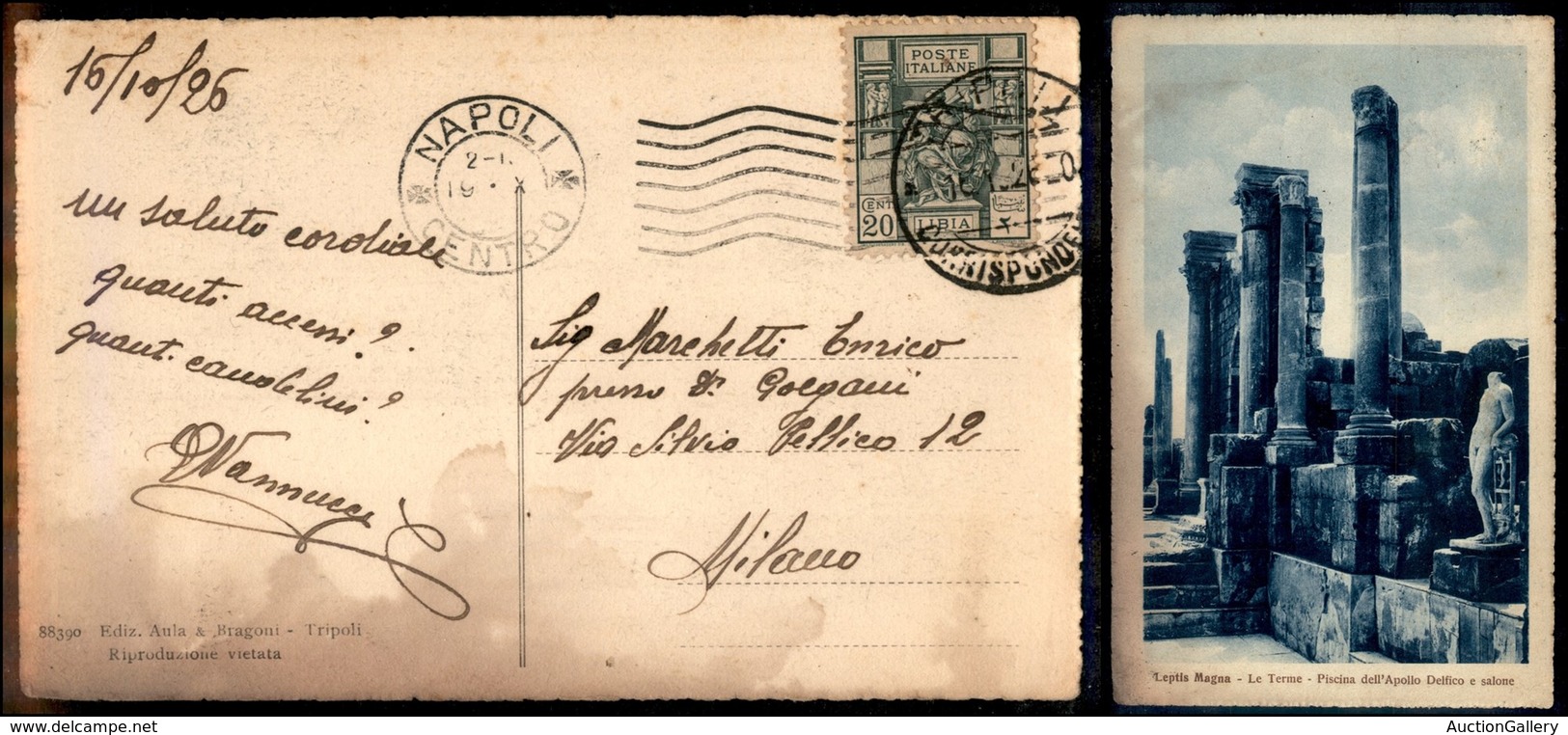 1890 COLONIE - LIBIA - STORIA POSTALE - 20 Cent Sibilla (54) - Cartolina Da Tripoli A Milano Del 16.10.26 - Other & Unclassified