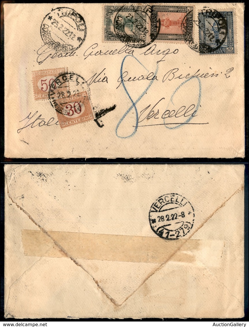 1892 COLONIE - LIBIA - STORIA POSTALE - Pittorica (23+24+26) - Busta Da Tripoli A Vercelli Del 23.2.22 Tassata Per 80 Ce - Other & Unclassified