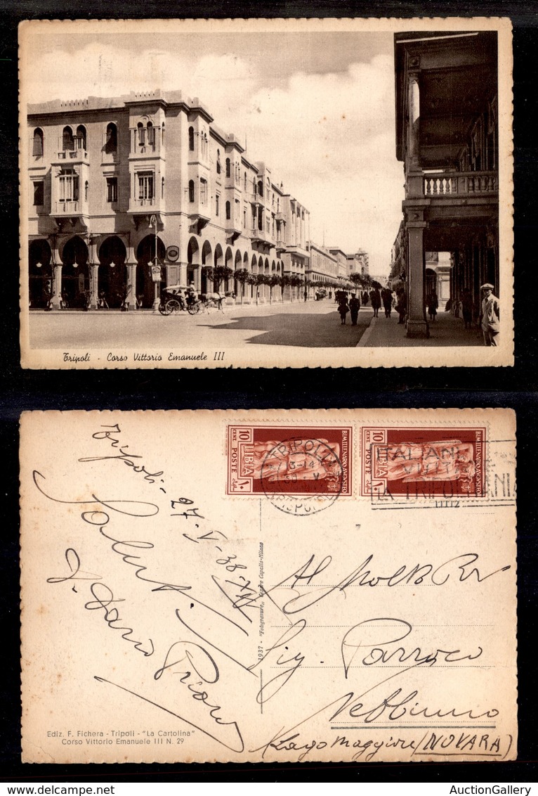 1908 COLONIE - LIBIA - STORIA POSTALE - Coppia Del 10 Cent Augusto (153) - Cartolina Da Tripoli A Novara Del 27.5.38 (20 - Other & Unclassified