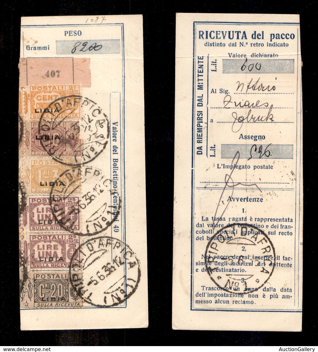 1915 COLONIE - LIBIA - STORIA POSTALE - Tripoli D'Africa (N.1) - (pti 11) Ricevuta Di Pacco Per Tobruck Del 5.6.36 Con A - Other & Unclassified