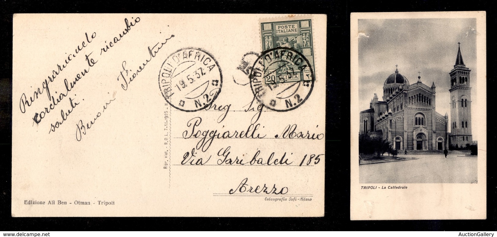 1917 COLONIE - LIBIA - STORIA POSTALE - Tripoli D'Africa N.2 (pti 10) - 20 Cent (40) - Cartolina Per Arezzo Del 19.5.37 - Other & Unclassified