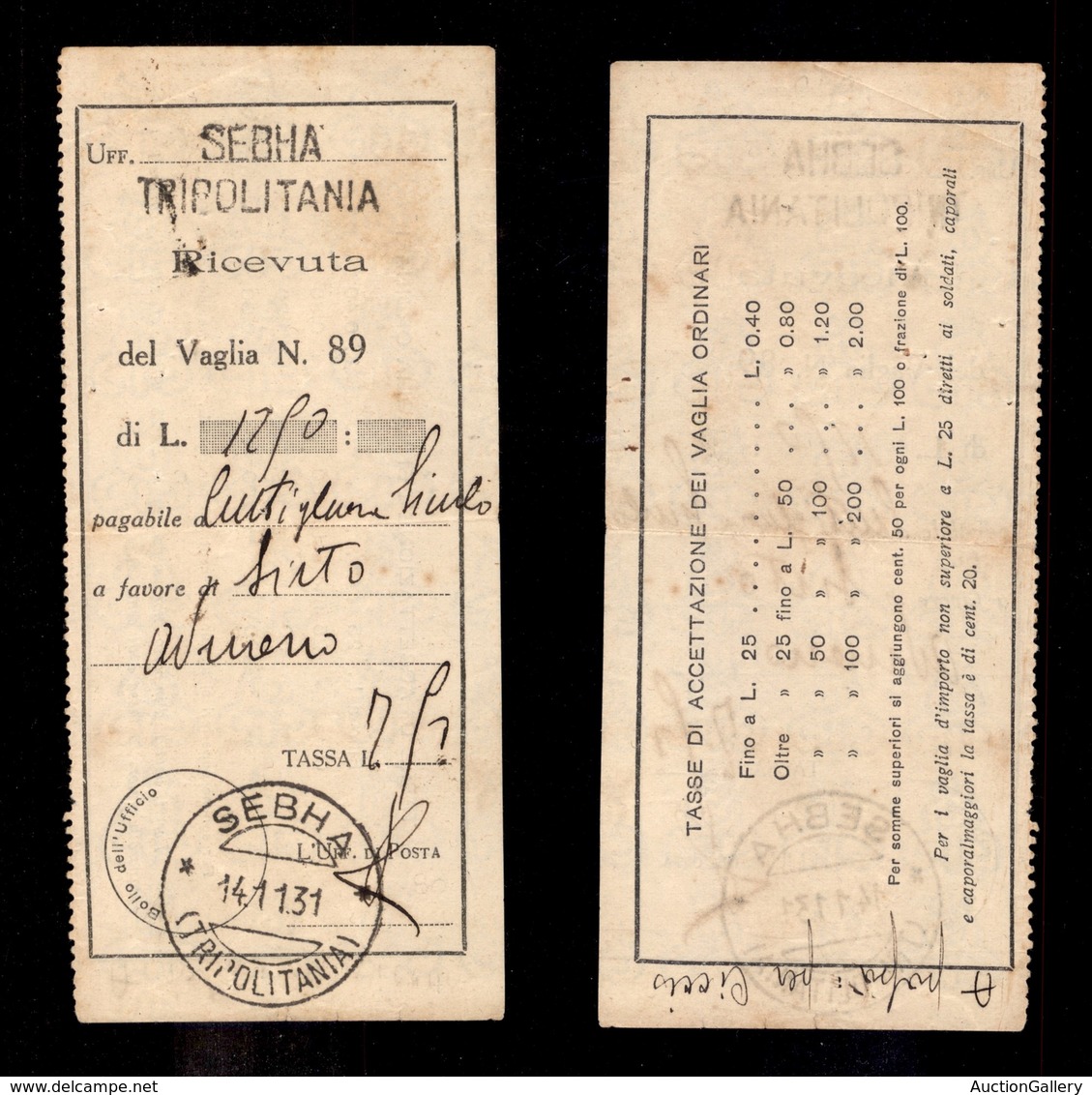 1950 COLONIE - LIBIA - STORIA POSTALE - Sebha (Tripolitania) - Pti 10 - Ricevuta Vaglia Del 14.11.31 - Other & Unclassified
