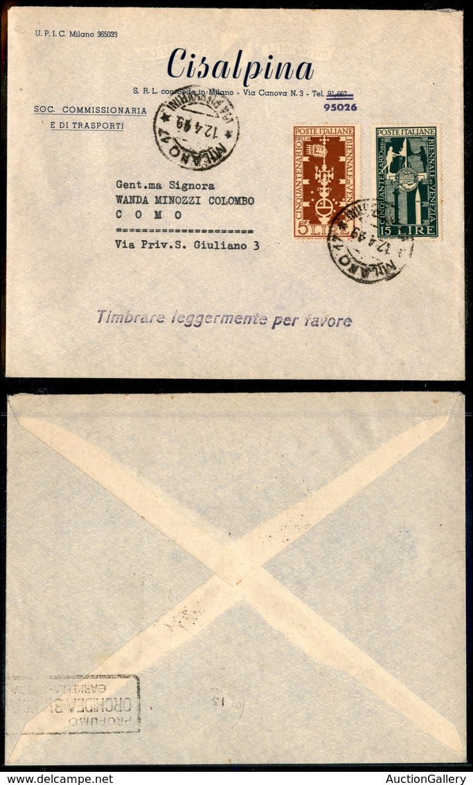 2143 REPUBBLICA - REPUBBLICA - 12.4.49 - Biennale (894+595) - FDC Da Milano A Como - Other & Unclassified