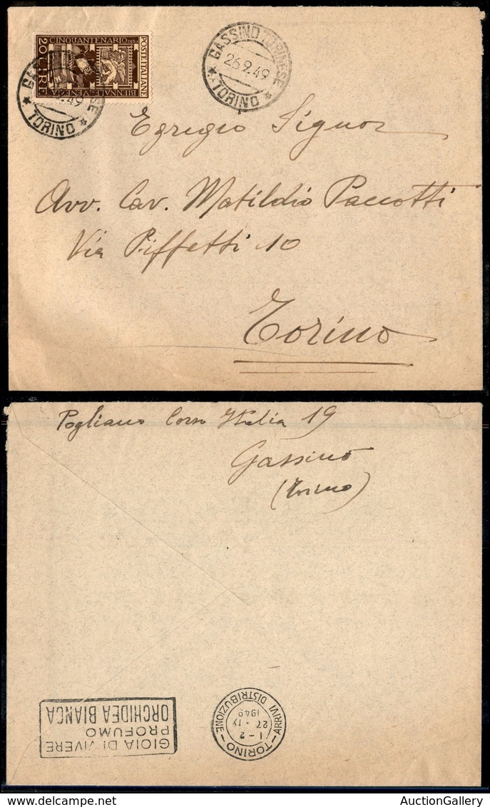 2146 REPUBBLICA - REPUBBLICA - 20 Lire Biennale (596) Isolato Su Busta Da Gassino Torinese A Torino Dl 26.9.49 - Other & Unclassified