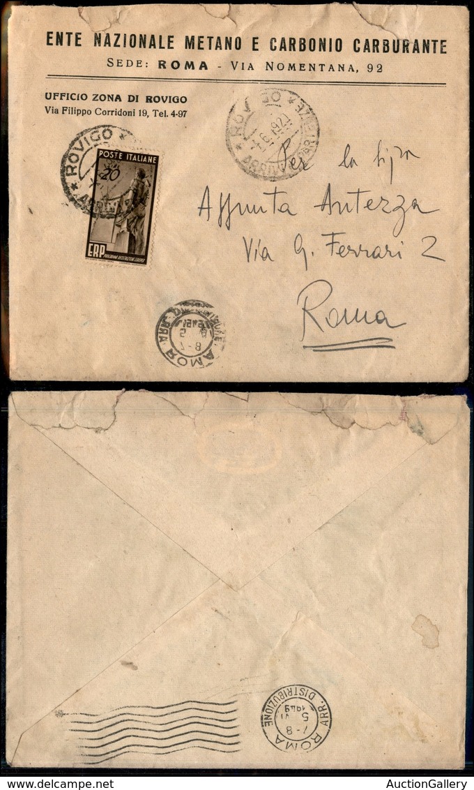 2152 REPUBBLICA - REPUBBLICA - 20 Lire ERP (603) Isolato Su Busta Da Rovigo A Roma Del 4.6.49 - Autres & Non Classés