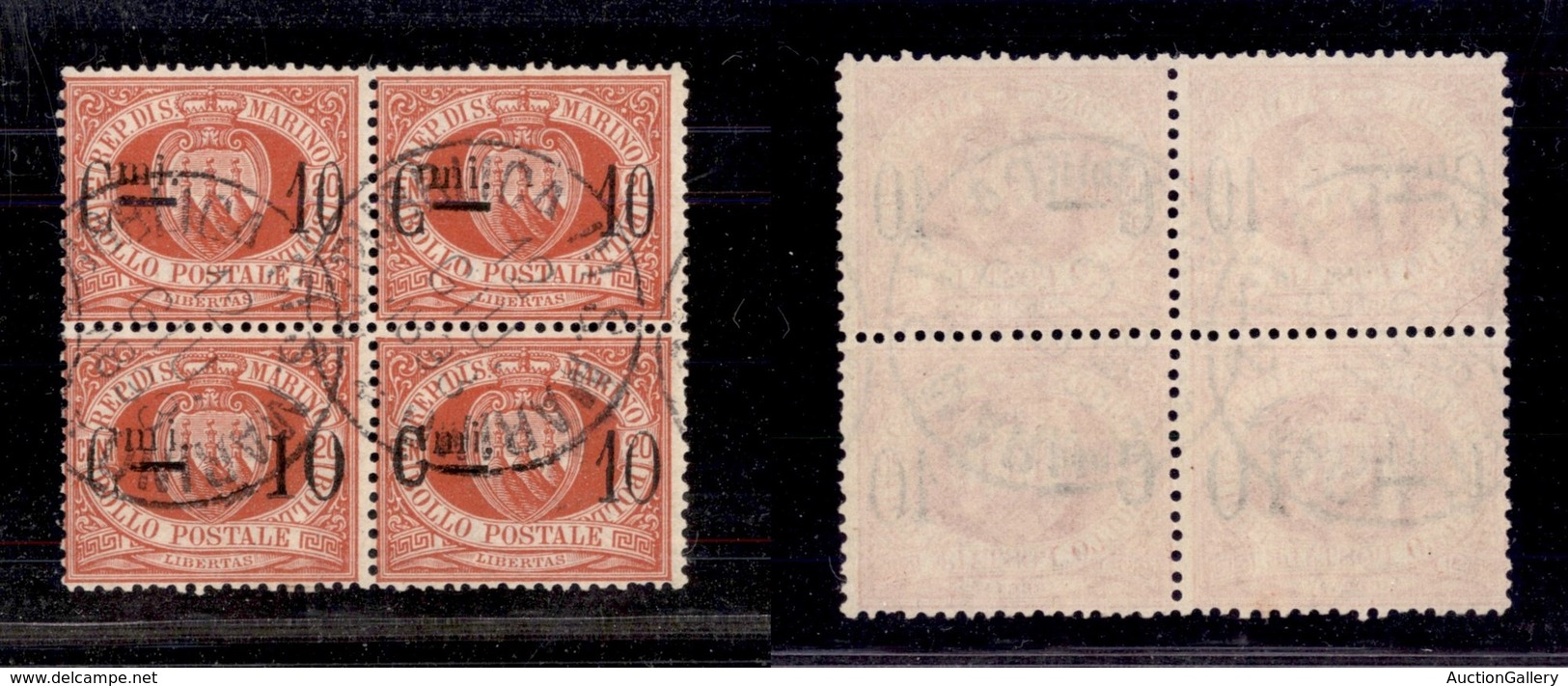 2303 SAN MARINO - SAN MARINO - 1892 - 10 Cent Su 20 Cent Stemma (10) - In Quartina - Coppia Inferiore Con Caratteri Dive - Other & Unclassified