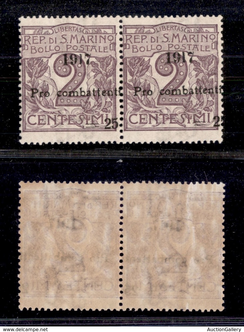 2315 SAN MARINO - SAN MARINO - 1917 - 25 Cent Su 2 Cent Cifra (51) - Coppia Orizzontale Con Soprastampa Obliqua - Non Ca - Other & Unclassified