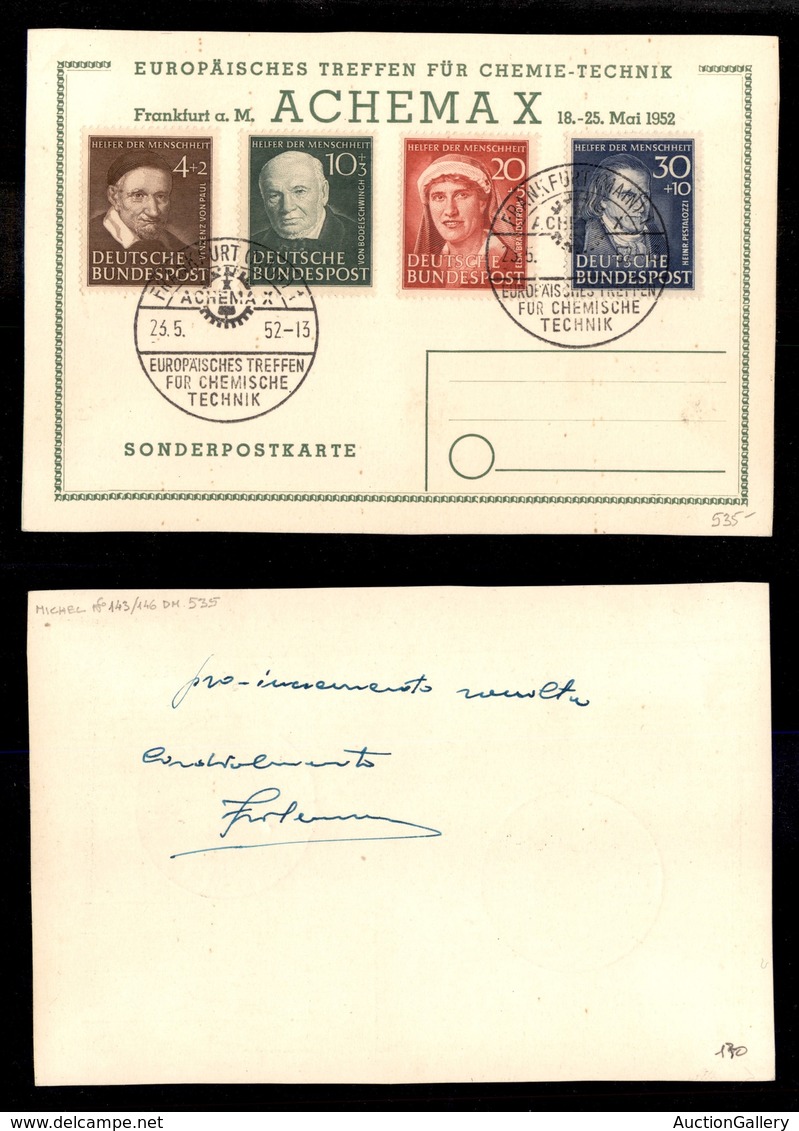 2521 ESTERO  - GERMANIA  - BRD - Beneficenza (143/146) - Cartolina ACHEMAX - Francoforte 23.5.52 - Autres & Non Classés